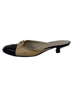 Chanel Mules 34.5 C Beige Black Ribbon CC Logo Lambskin